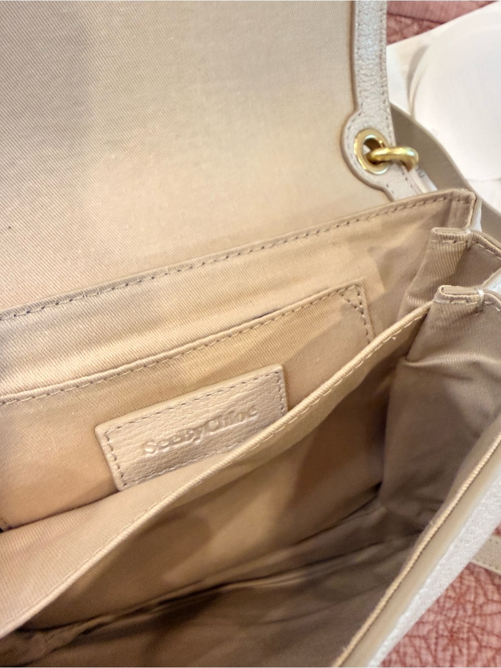 See by Chloé Mini Hana Crossbody Cement Beige Leather Gold Ring Dust Bag - Picture 10 of 11